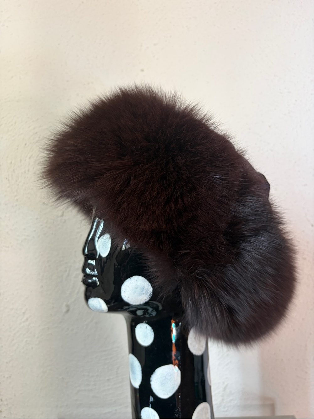 J. McLaughlin Women’s Brown Fox Fur Trim Fur Lined Hat Navy Dot Silk One Size